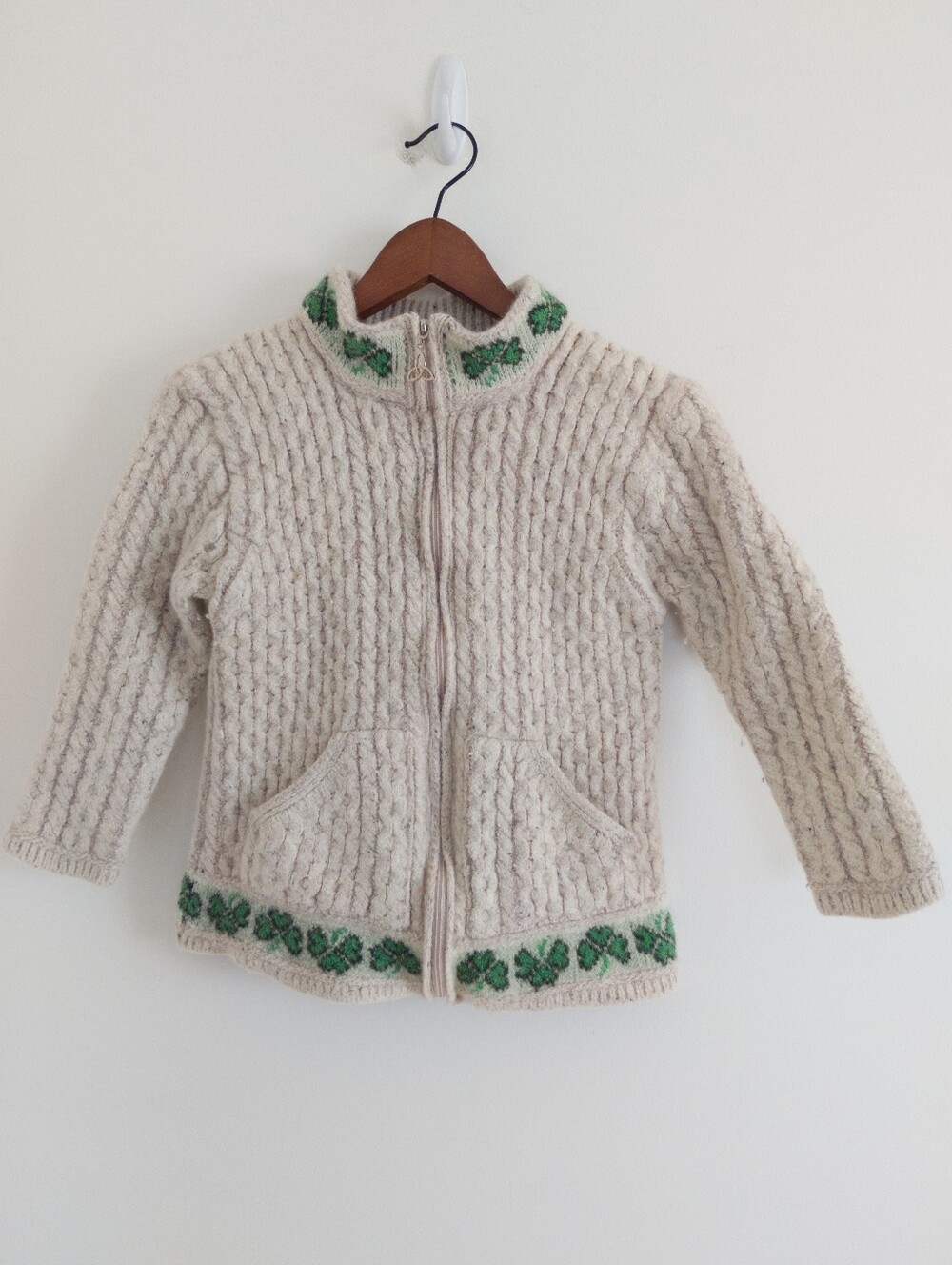 ARAN CRAFTS Ireland Felted Merino Wool Shamrock Cable Knit Zip Cardigan XL